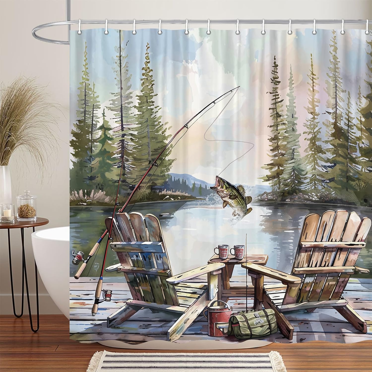 Hunting And Camping In Forest - Tenda Doccia Rustica con Motivo Pesca,